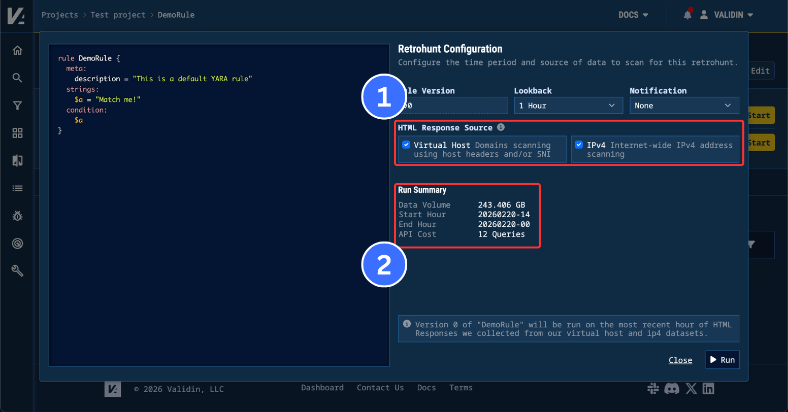 Figure 3. YARA retrohunt configuration in Validin threat intelligence platform