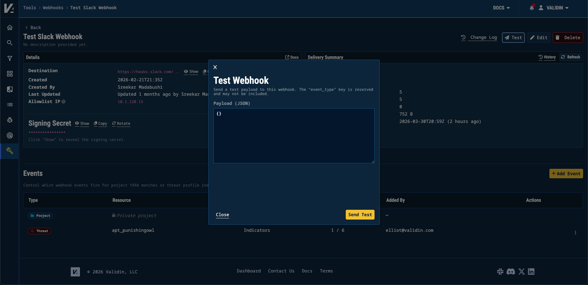 Modal to test your webhook Modal to test your webhook