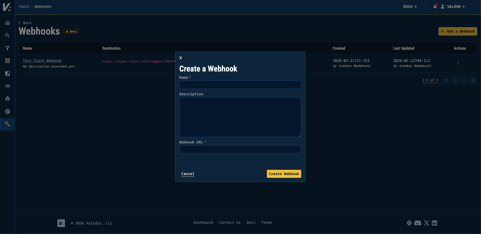 Modal to create a webhook in the Validin Platform Modal to create a webhook in the Validin Platform
