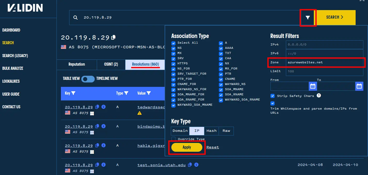 Applying zone filters in Validin to focus passive DNS search results.