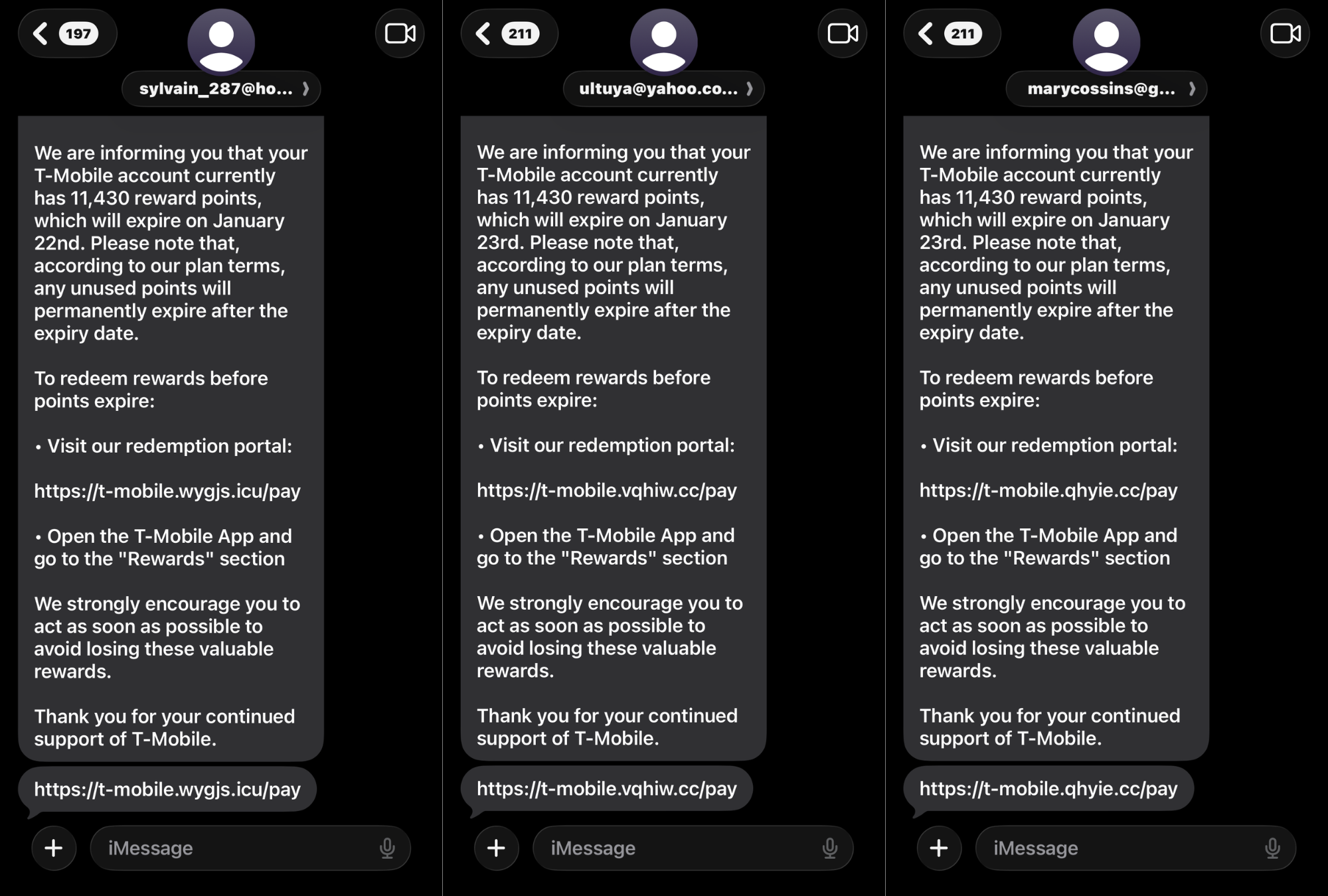 Figure 4. Three separate but similar malicious text messages received on different days from different email addresses.